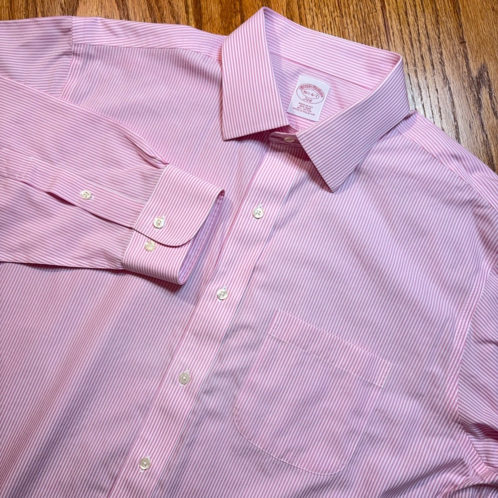 Brooks Brothers 346 Dress‎ Shirt Mens 16.5 6/7 Pink Striped Non-Iron Regular Fit